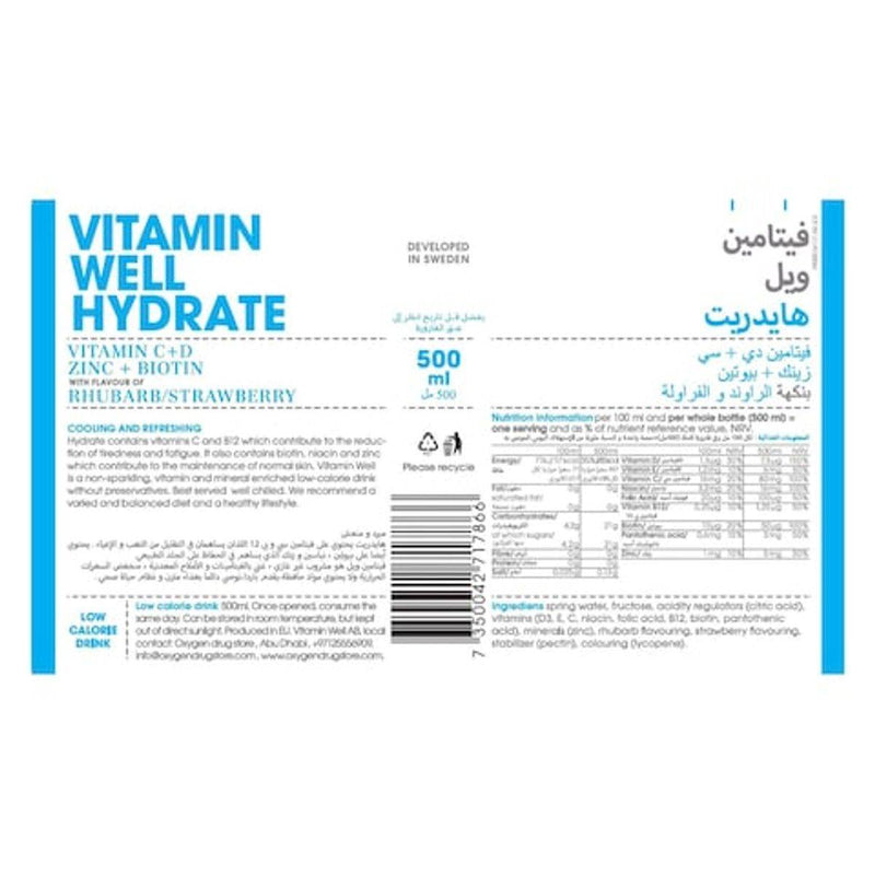 Vitamin Well Hydrate Rhubarb And Strawberry Drink 500ml