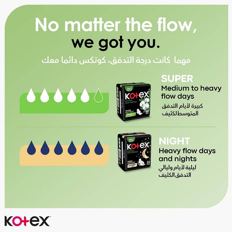 Kotex Sanitary Napkin Natural Maxi Protect Super + Wings 26 Pads