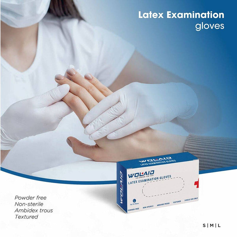 Wolaid Latex Examination Gloves Powder Free Large 100 Pieces