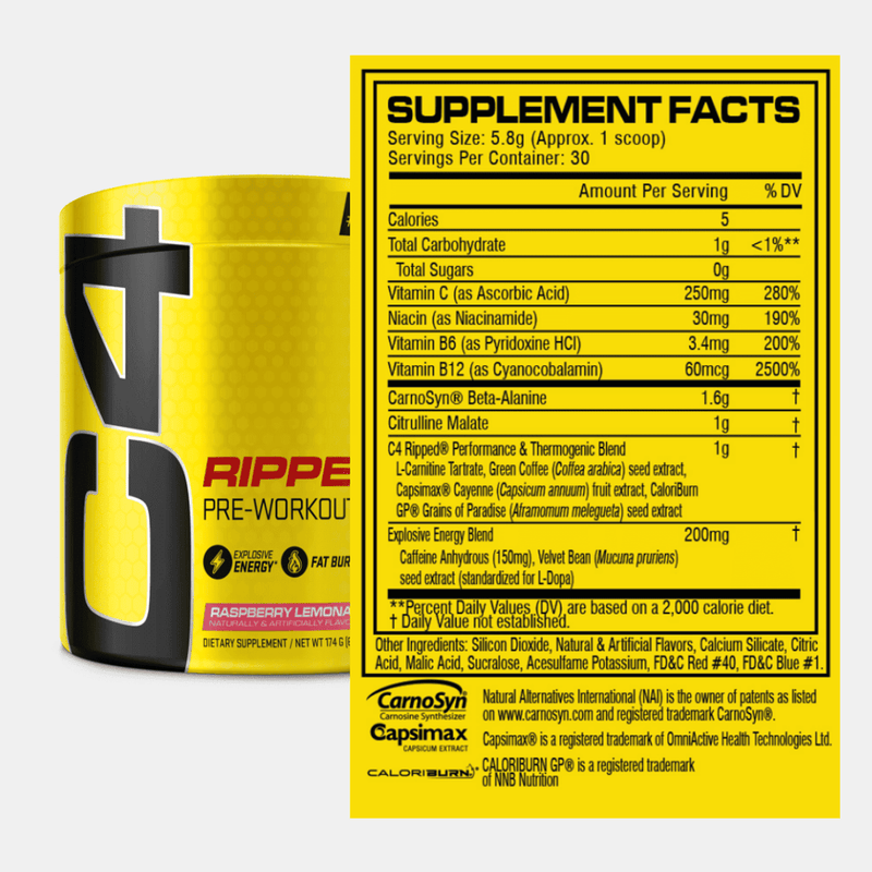 Cellucor C4 Ripped Pre Workout Powder Raspberry Lemonade 30 Serves 174g