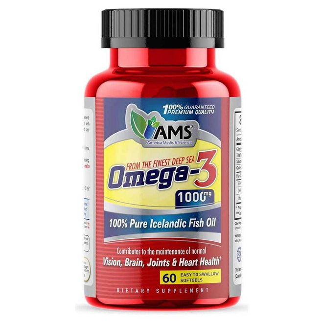 AMS Omega 3 100% Pure Icelandic Fish Oil 1000mg 60 Softgels
