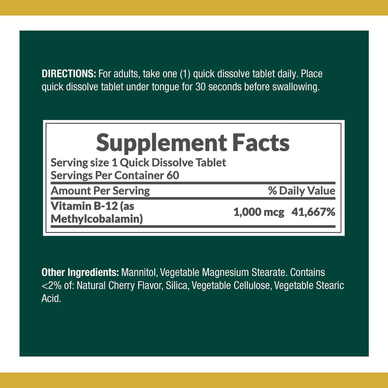 Natures Bounty Vitamin B12 Methylcobalamin 1000mcg Quick Dissolve 60 Tablets