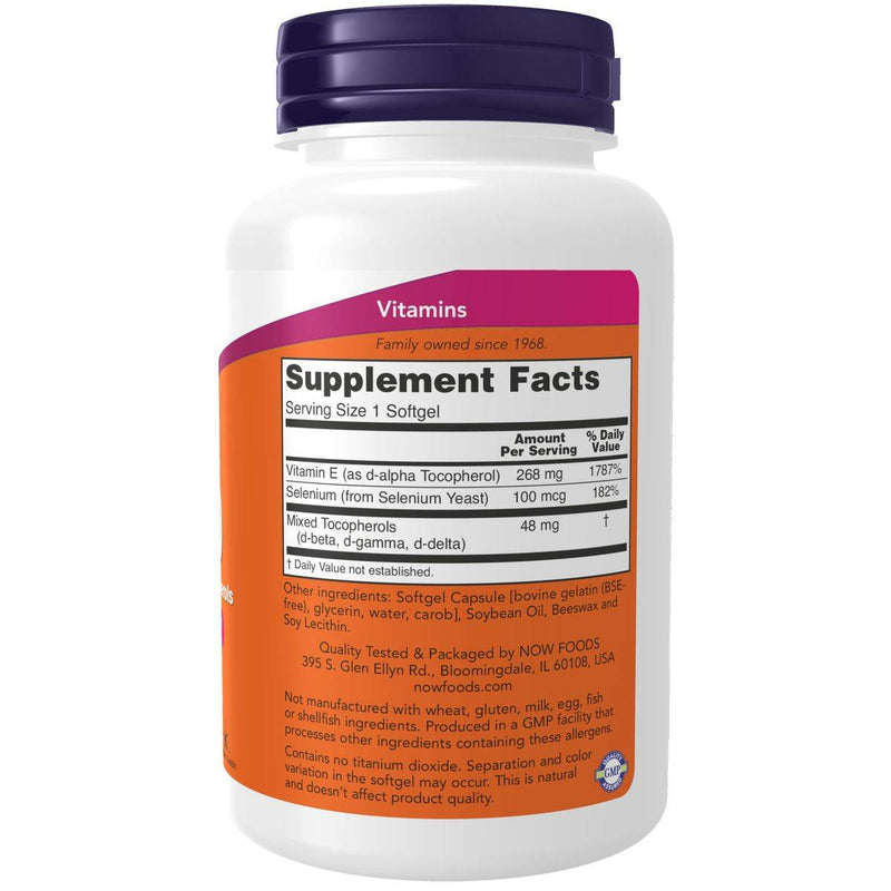 Now Vitamin E 400mg Natural With Mixed Tocopherols & Selenium 100 Softgels