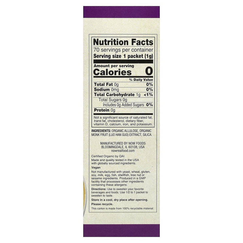 Now Sweetener Monk Fruit Organic 70 Packets