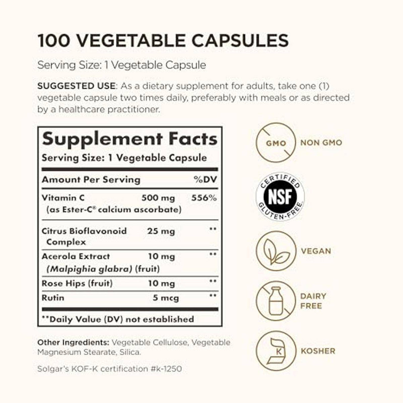 Solgar Ester C Vitamin C Plus 500mg 100 VegeCapsules
