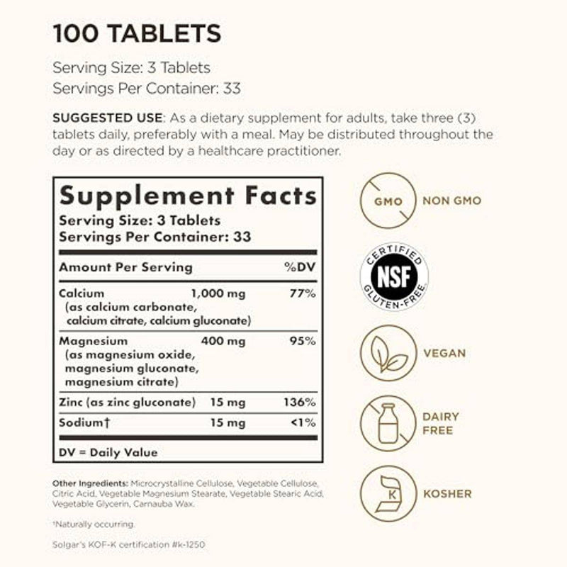 Solgar Calcium Magnesium Plus Zinc 100 Tablets
